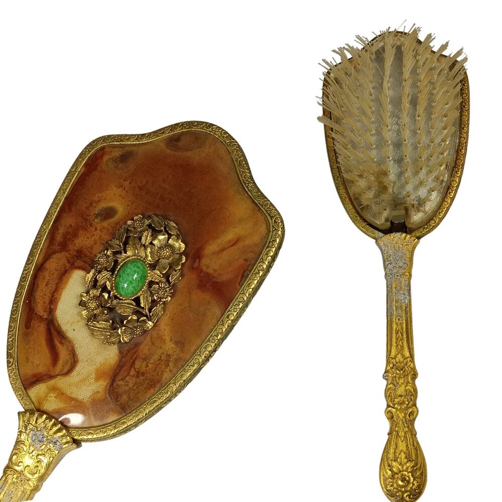 Vintage Hair Brush Brown Marble Like Back Golden Handle Clear Bristles Removable